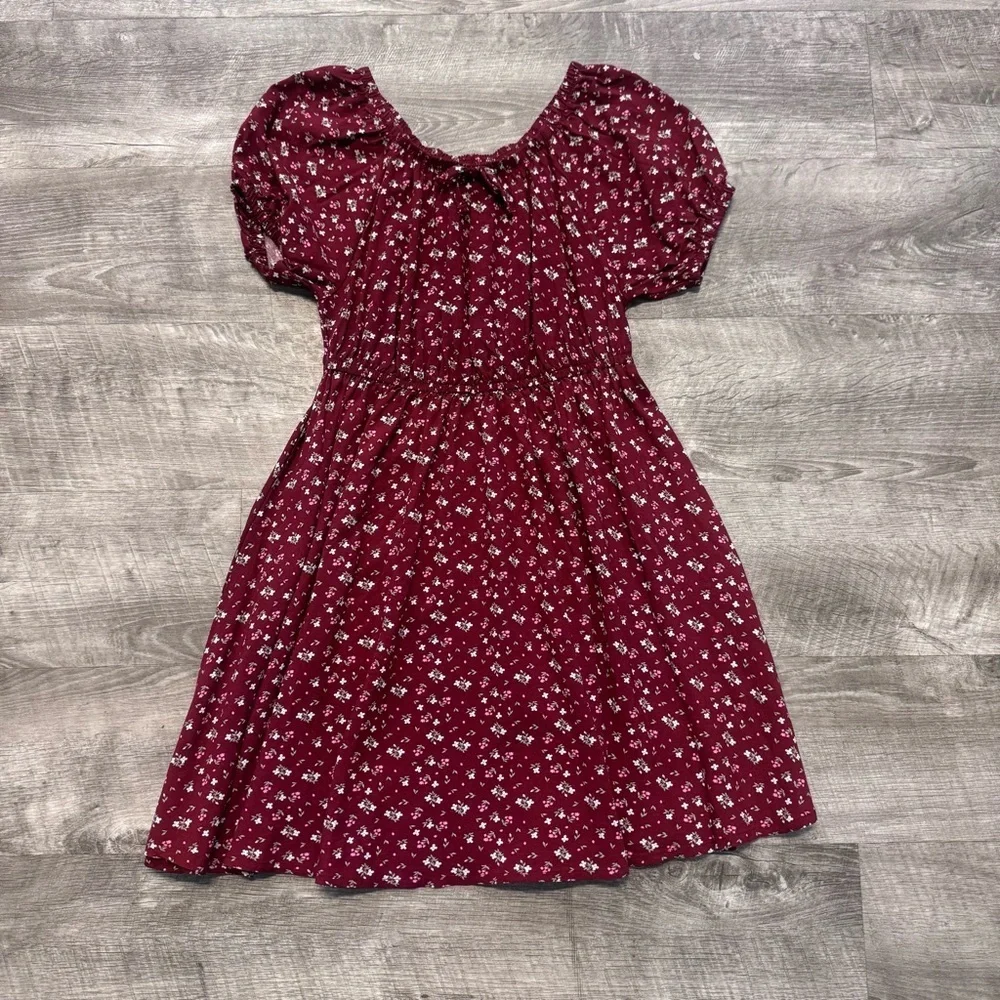 Epic Threads Midi Floral Print Peasant Smocked Dress Burgundy Girls Sz. S